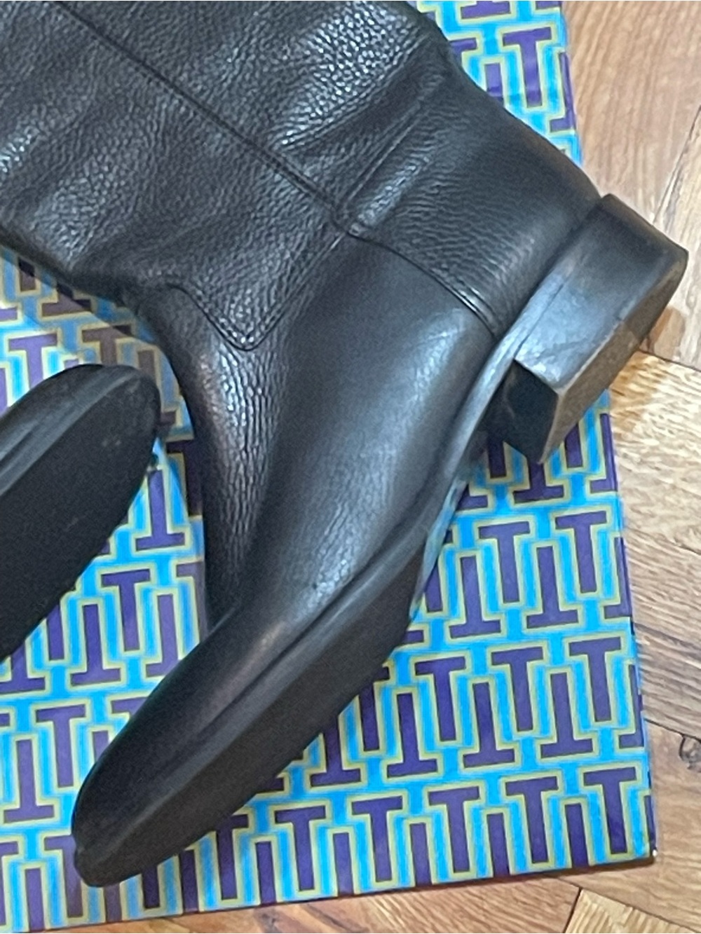 TORY BURCH~Pebbled Leather Logo Zip Black Riding Boots - Picture 3 of 13